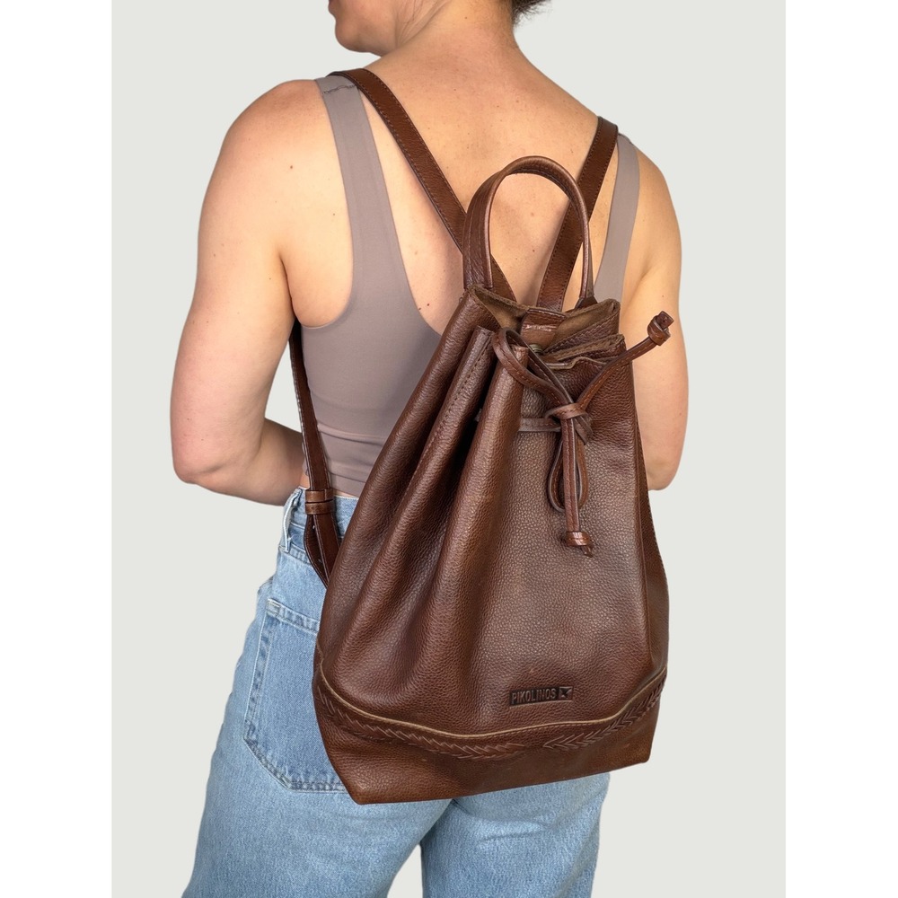 Pikolinos Brown Leather Drawstring Backpack Shoulder Bag Made in Spain Braided
